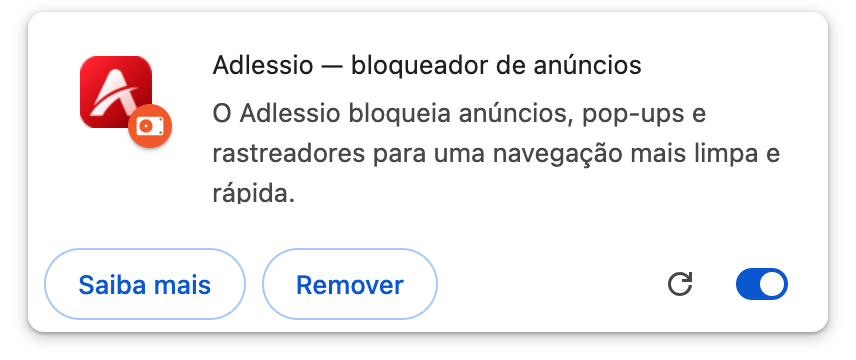 Cartão do Adlessio na lista de extensões do Chrome, com o nome, a versão 2.4.0 e o interruptor ligado.